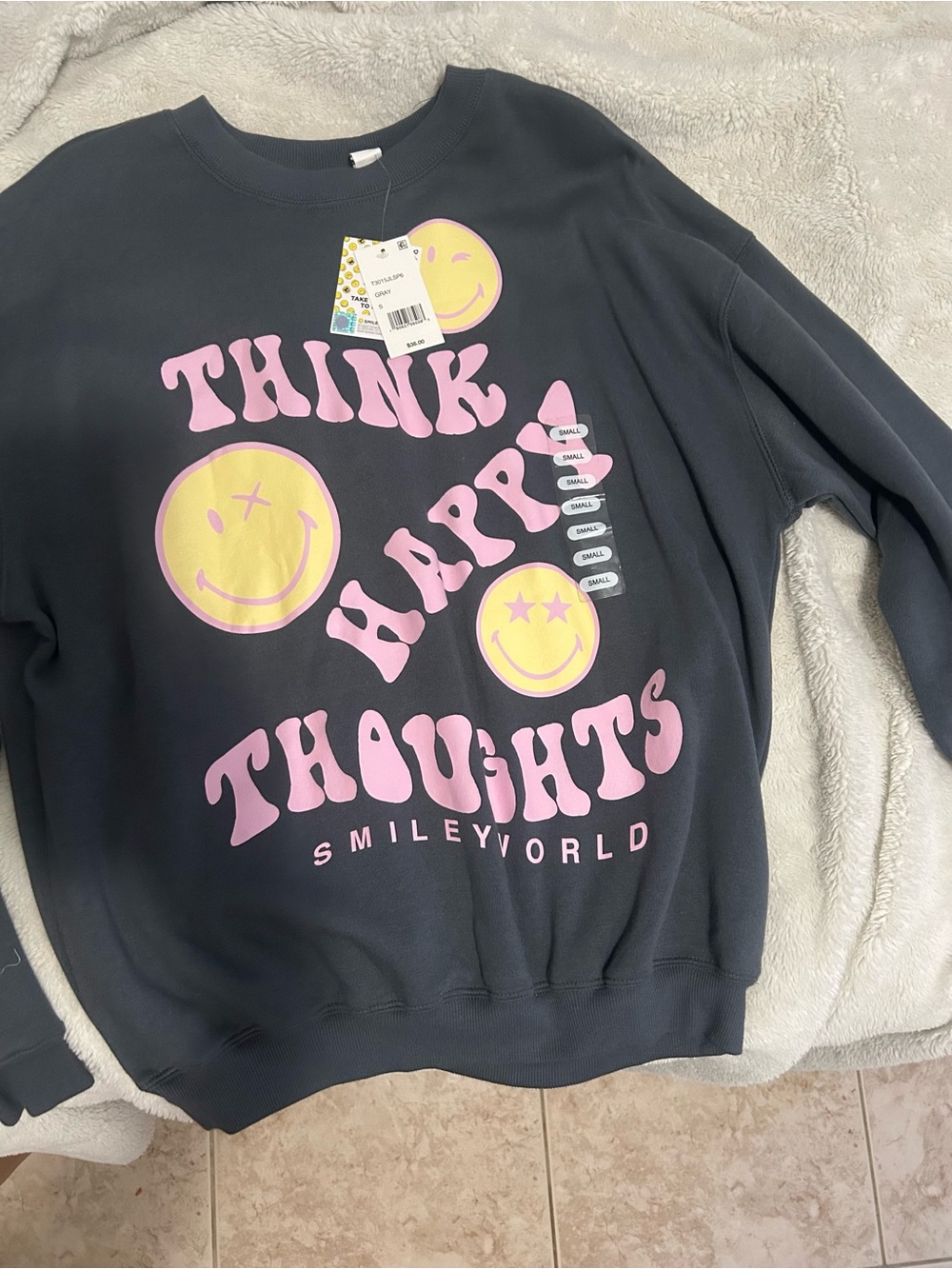 "Think Happy Thoughts" Black Crewneck Sweatshirt - Pink & Yellow Graphic